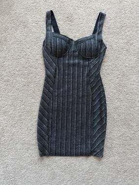 Iris Black and Silver Metallic Pinstripe Bustier Mini Dress